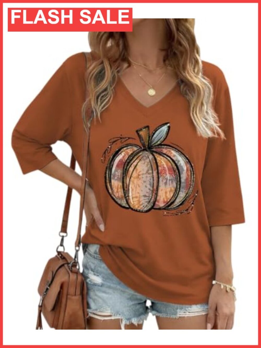 Womens 3/4 Sleeve V-Neck Pumpkin Thanksgiving Fall T-Shirt Casual